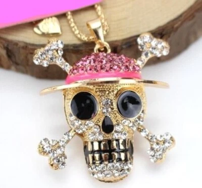 Calavera pirata huesos cruzados estrás Halloween disfraz Betsey Johnson collar PNK Foto 1 de 4