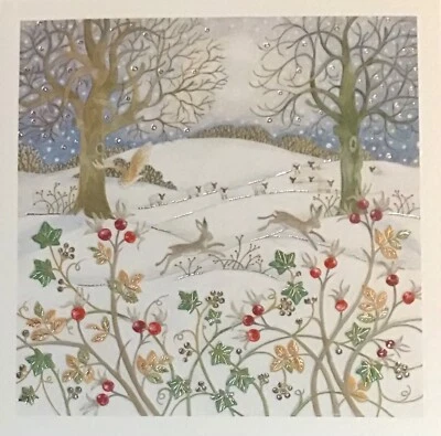 TRACKS - SPARKLE CHARITY CHRISTMAS CARD~SNOWY FIELD & HARES~EMBOSSED FOILED~SINGLE~SEE PIC/DESCR