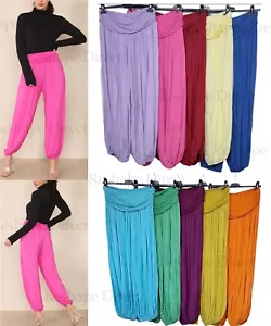Womens Lagenlook BOHO Hippy Harem Ali Baba baggy Loose Plain Yoga Trouser Pants - Picture 1 of 12