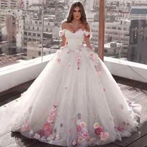 3D Blumen Ballkleid Prinzessin Brautkleider Herzausschnitt Schulterfrei Sweep Schleppe - Bild 1 von 8