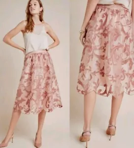 Nuovo con etichetta! Gonna midi Anthropologie Maeve rosa Shannon ricamata! Taglia S - Foto 1 di 7