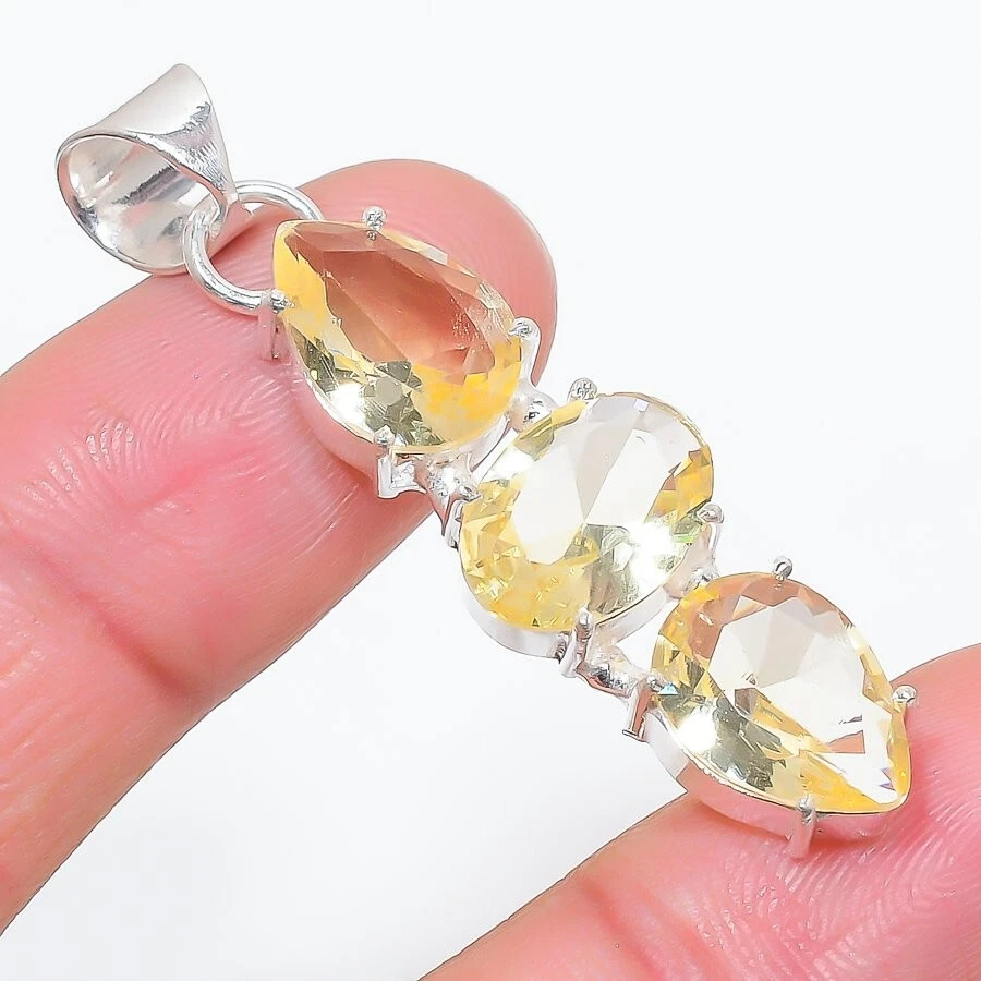 Colgante de joyería de plata de ley 925 hecho a mano con piedras preciosas de cuarzo limón tamaño 1,85" Foto 1 de 1