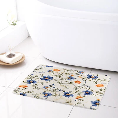 Green Leaf Orange and Blue Floral on Beige Shower Curtain Set for Bathroom Decor - Image 1 of 4