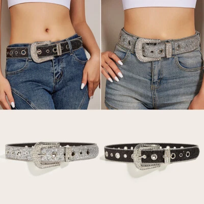 Cinturón Brillante Estrás Cuero PU Cristal Diamante Brillante Cinturón de Cintura Color Sólido↗ Foto 1 de 4