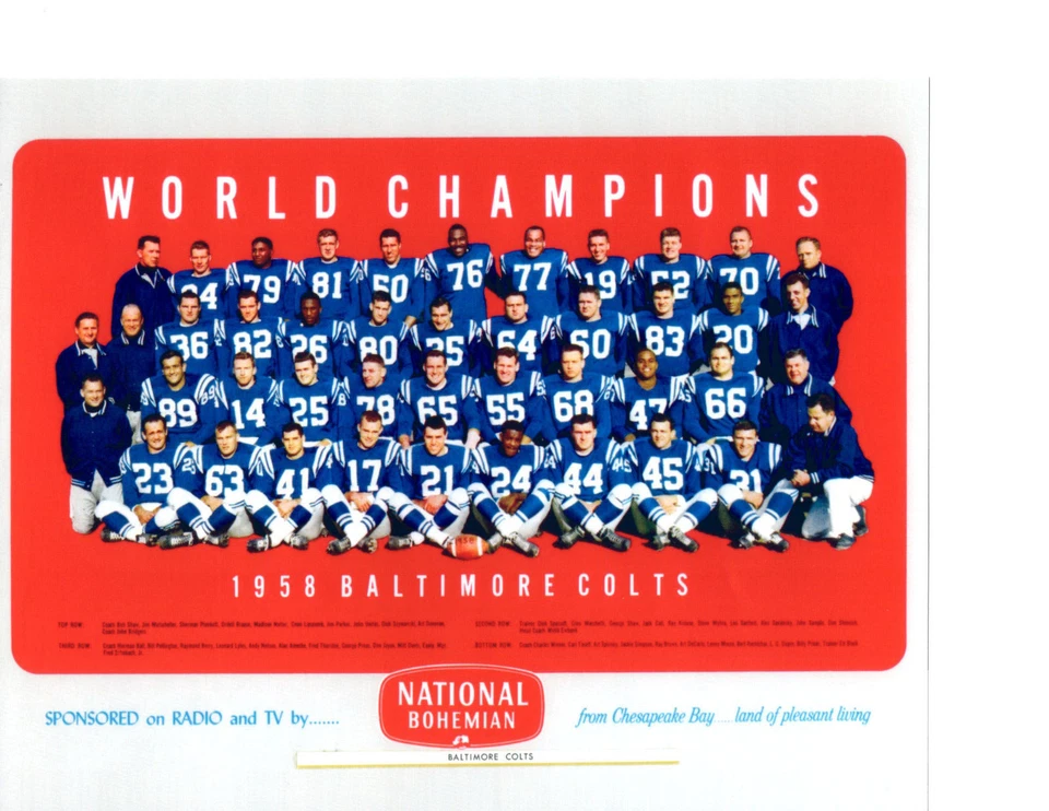 1958 CAMPEÓN MUNDIAL BALTIMORE COLTS 8X10 FOTO DEL EQUIPO CERVEZA BOHEMIA FÚTBOL AMERICANO NFL Foto 1 de 1