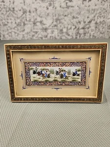 Vtg Persian Miniature Painting Camel Bone Polo Horses Marquetry Wood Frame 7x4.5 - Picture 1 of 5
