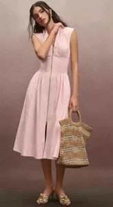 Anthropologie Shirt Dress Pink Tommie Smocked Front Zip Preppy Retro Medium NWT - Picture 1 of 9