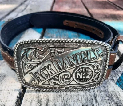 Cinturón de cuero Nocona Jack Daniel's hebilla para hombre talla 34 marrón negro cosido Foto 1 de 4