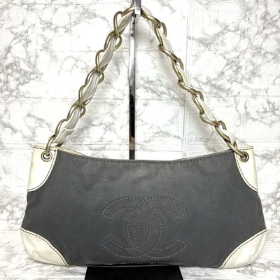 CHANEL Canvas Chain Tote Bag Black Coco Mark Logo Leather Trim Handbag Used - Image 1 of 4