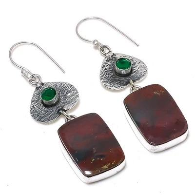 Bloodstone, Diopside Gemstone 925 Sterling Silver Jewelry Earring 2.40" I202 - Image 1 of 2
