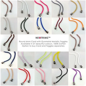 Hoodie Kordelzug Baumwollkordel 6mm rund, Metall Toggle Ends,Stoppers,Neotrims - Bild 1 von 48