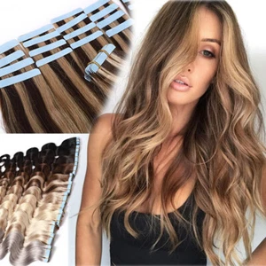 Nastro ondulato Balayage in extension capelli umani Remy trama pelle testa piena 12-24 80 pezzi - Foto 1 di 66