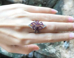 Unique Fancy Bow Design Simulated 1.08 TCW Round Cut Ruby & Sapphire Party Ring - Picture 1 of 8