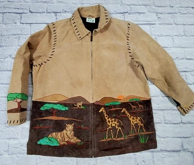 Chaqueta Abrigo Quacker Factory Animal Safari Jirafa Elefante Gamuza Cuero XL Foto 1 de 4