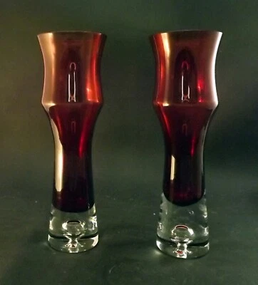 PAIR Of Vintage Swedish Aseda -  Bo Borgstrom - Ruby Glass Bubble Base Vases - image 1 of 4