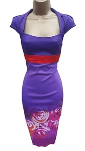 10 UK KAREN MILLEN PURPLE FLORAL ROSE PRINT GALAXY PENCIL DRESS Cocktail Races - Picture 1 of 6