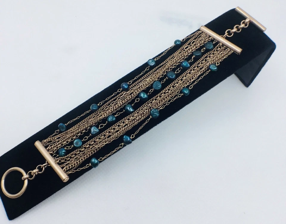 Vintage Kenneth Cole Green Faux Stone Multi-Strand Chain Bronze  Bracelet - Image 1 of 4