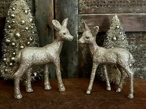 Putz Vintage Style Christmas Champagne Gold Glitter Doe Deer Set 6" 2 pc Set - Picture 1 of 5