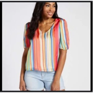 Drew top blouse size small rainbow metallic striped puff short sleeve multi red - Picture 1 of 10