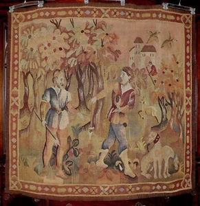 c.1800s French Aubusson Chateau Bourdeaux Hunting Verdure Gobelin Tapestry 55x60 - Picture 1 of 24