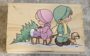 Vtg PRECIOUS MOMENTS WONDER OF CHRISTMAS 1996 Rubber Stamp 4.5 x 3" Cutting Tree - Picture 1 of 2