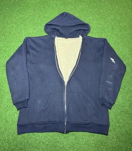 70s Navy Blue Zip Up Hoodie Thermal Lined true vintage rare sweatshirt afterhood - Picture 1 of 9
