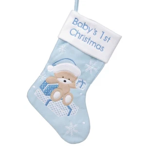 Baby's 1st Christmas Stocking with Embroidered Snowflake and Bear Design - Blue - Picture 1 of 3