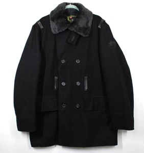 DIESEL Men’s Black Wool Blend Peacoat Oversized Jacket Faux Fur Collar I Size XL - Picture 1 of 20