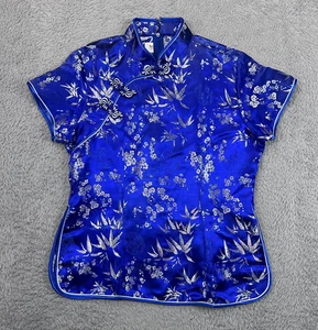 Cheongsam Shirt Women's XL Blue Silk Blouse Embroidered Bamboo - Picture 1 of 8