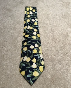 TULIP SILK TIE NECKTIE YELLOW HOLLAND TULIPS & NAVY SILK GREAT GIFT FOR FLORIST - Picture 1 of 4
