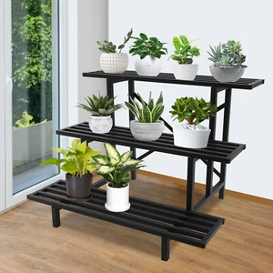 3-layer Garden Plant Stand Black Plant Shelf Indoor Outdoor, Metal Plant Rack - Picture 1 of 16