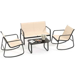 Beige Rocking Table And Chairs Set of 4 Outdoor Deck Patio Furniture Clearance - Picture 1 of 7