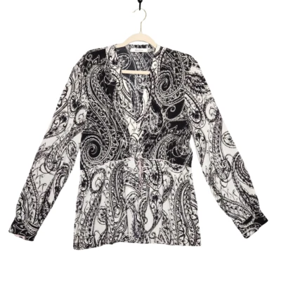 ROBERT GRAHAM Black Artsy Paisley Silk Tie Front Long Sleeve Blouse SIZE LARGE - Image 1 of 4