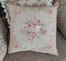 Vintage Victorian Needlepoint Pillow Floral Blush Pink Roses Velvet 15" Square 