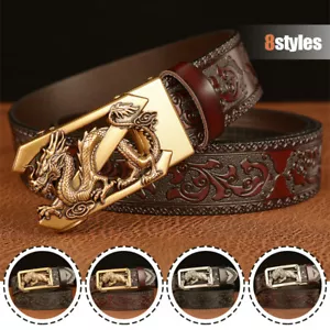 Men's Luxury Genuine Leather Belt Dragon Tiger Head Vintage Embossed Waistband - Picture 1 of 20