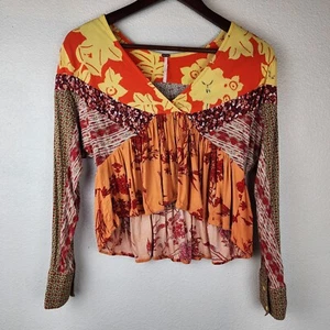 Free People Cropped Blouse Orange Aloha State of Mind Floral Long Sleeves Red XS - Picture 1 of 12