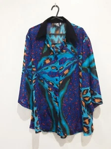 Scremlins Designs Top Womens Size XL Blue Sheer Blouse Collar 3/4 Sleeves - Picture 1 of 7