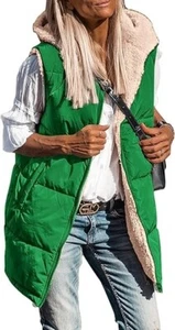 Gilet PrettyGarden donna taglia M verde reversibile lungo pile zip cappuccio nuovo con etichetta - Foto 1 di 5