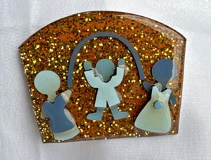 Little People Pin By Lucinda Blue Children Jumping Jump Rope Gold Glitter - Picture 1 of 5