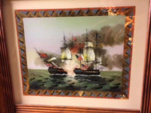 Sheraton Mirror with Reverse Glass Painting of American/British Naval Battle Cover
