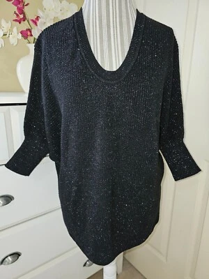 RUE 21 женщин черный серебряный блестящий вязаный дизайн свитер 1/2 доломан рукав Sz. L - Изображение 1 из 4