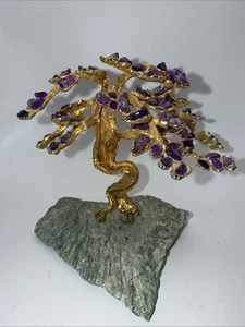 Purple Amethyst Gem Bonsai Tree w/Stone Base Strong Golden Metal Tree &Limbs 5” - Picture 1 of 11