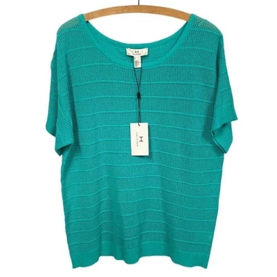 H by Halston Turquoise Pullover Knit Short Sleeve Boat Neck Sweater, Size M, NEW - Image 1 of 4