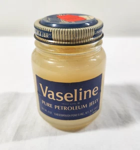 VTG 50s Vaseline WHITE PETROLEUM JELLY Glass Jar Full Blue Seal Package 1 3/4 oz - Picture 1 of 7