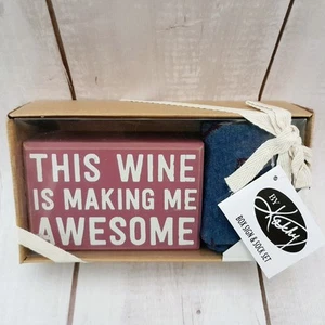 Box Sign & Socks Gift Set THIS WINE IS MAKING ME AWESOME Primitives by Kathy - Picture 1 of 8