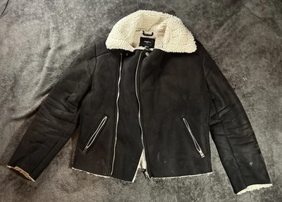 Forever 21 Hombre Sherpa Cuello Pana Chaqueta Abrigo Negro Pequeño Foto 1 de 4