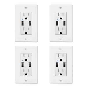 4PK Wall Power Outlet with 4.2A Dual USB Port Tamper Resistant Receptacles White - Picture 1 of 12