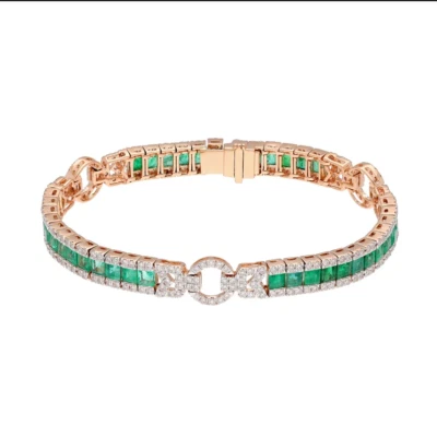 Brazalete Tenis 10CT Redondo Simulado Verde Esmeralda y Diamante Chapado en Oro Rosa 14K Foto 1 de 4