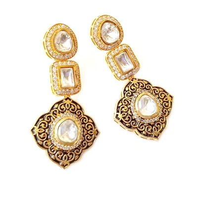 Traditional Indian Gold Plated Kundan Jhumki Earrings with Polki Diamond Jewelry - Image 1 of 4
