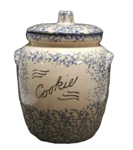 Robinson Ransbottom Roseville Ohio Pottery Cookie Jar Blue Spongeware/Lid As Is - Picture 1 of 11